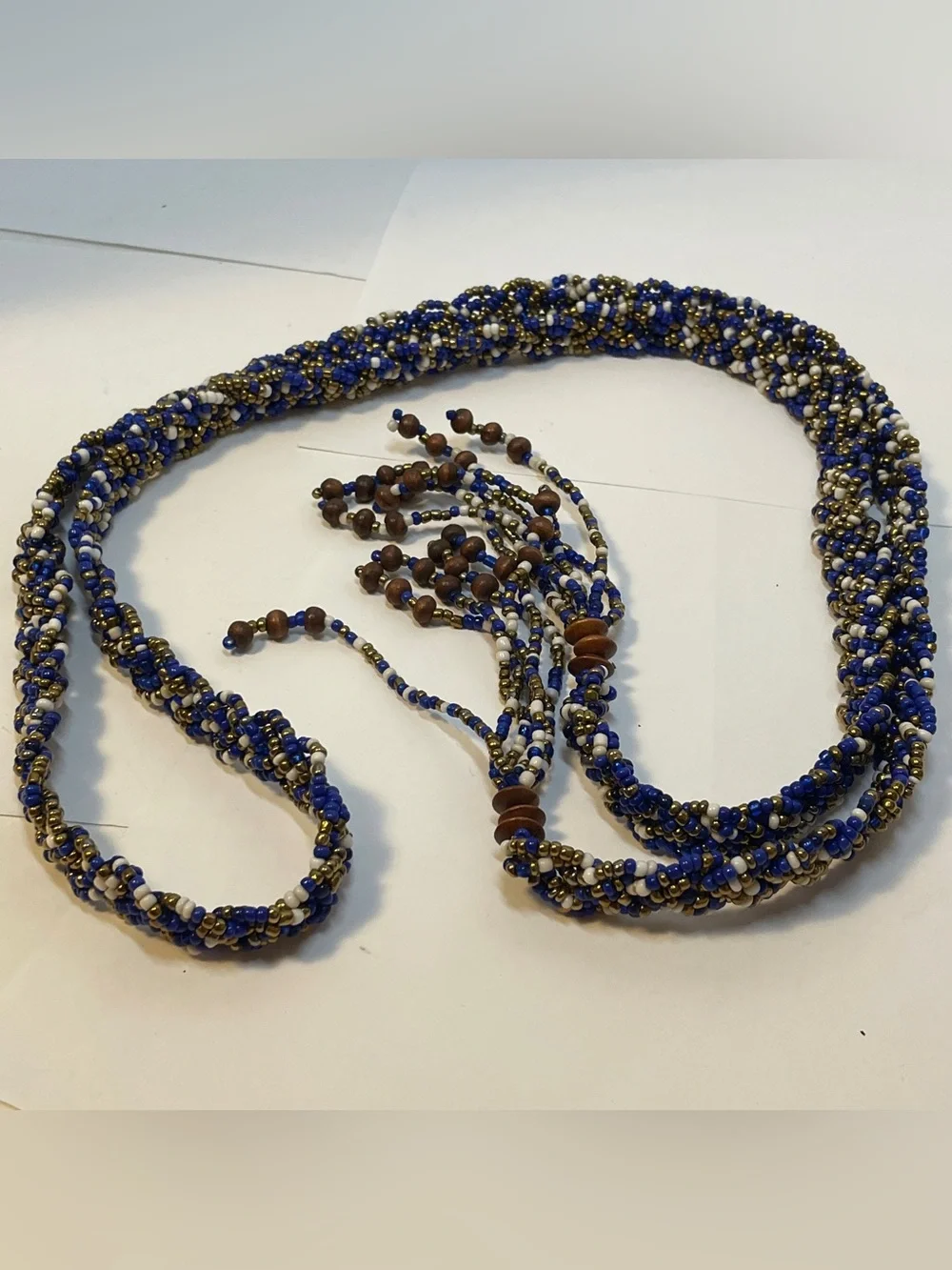 Braided Boho Native Am Style Seed Bead Adjustable Belt Blue Cream Brass, 60”